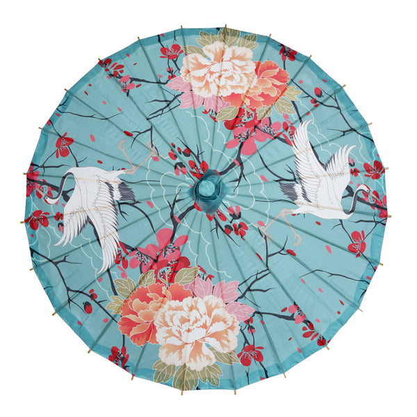 Crane & Cherry Blossom Printed Nylon Parasol front view
