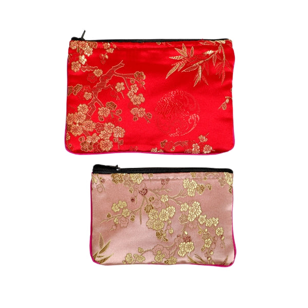Brocade Zipper Pouch in red plum blossom and pink plum blossom