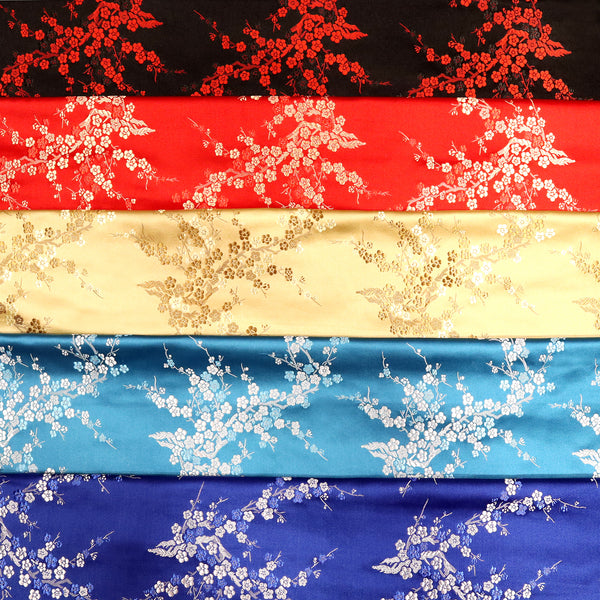 Cherry/Plum Blossom Brocade Fabric in 5 colors: red on black, gold on red, gold on gold, white on turquise, white on blue
