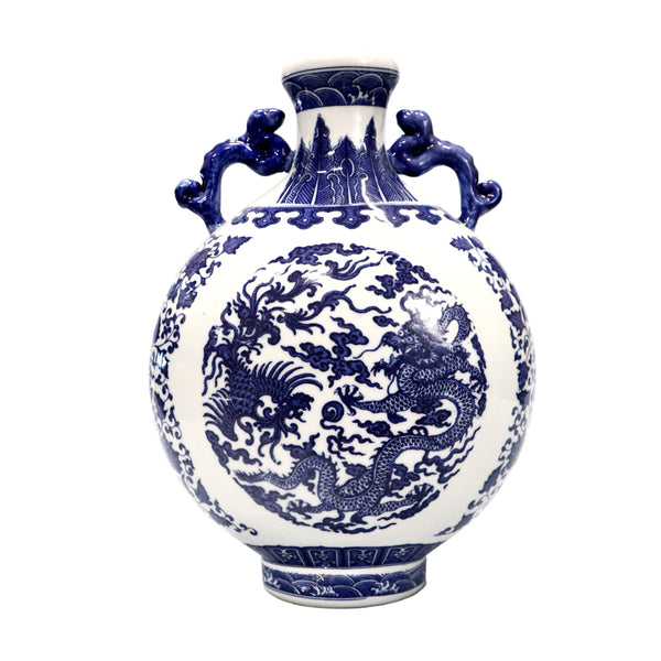 Moon Flask Blue on White Dragon Vase