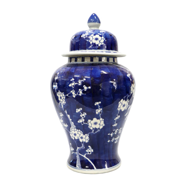 Dark Blue on White Cherry Blossom Temple Jar with Lid