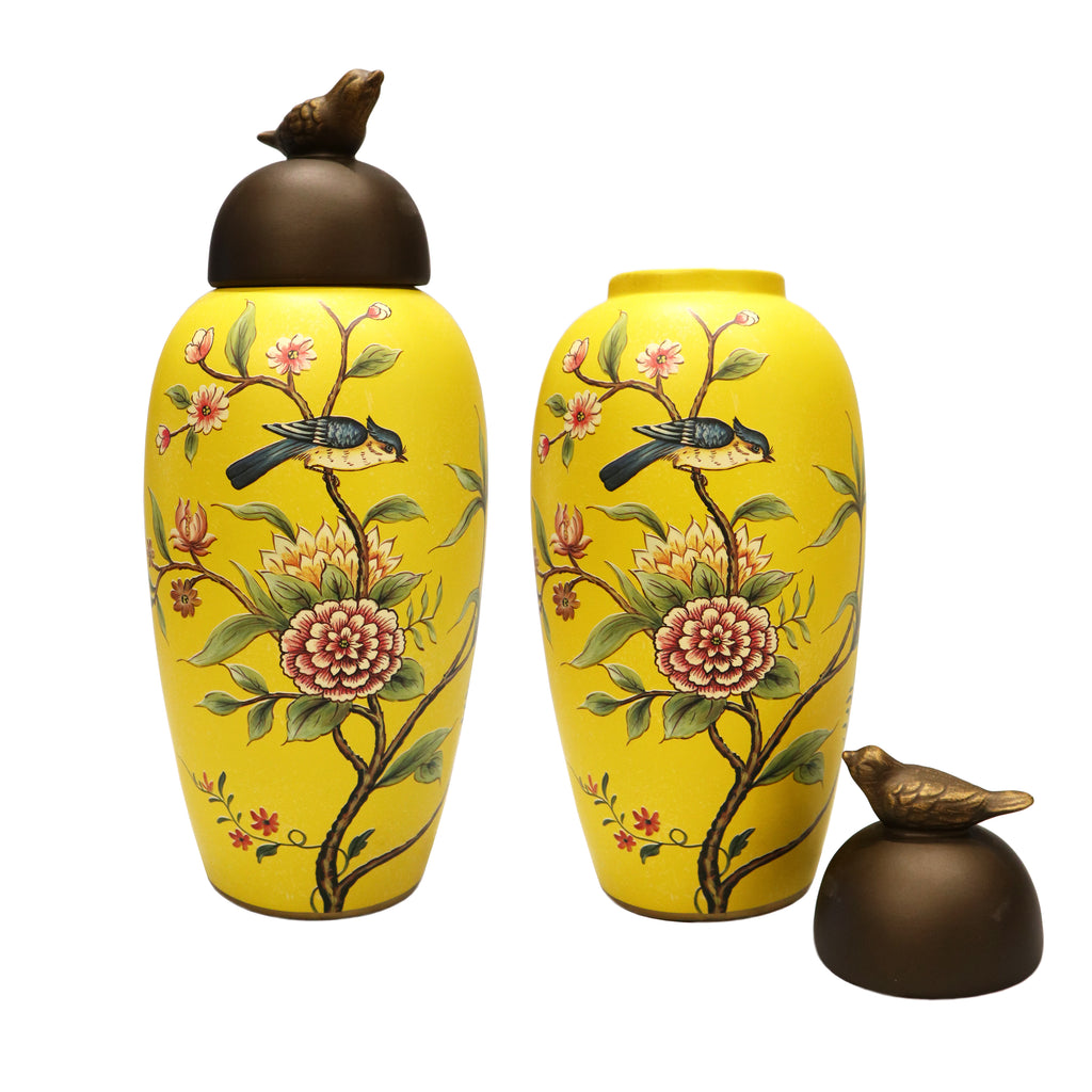 Large Oval Yellow Floral Vase with Lid
