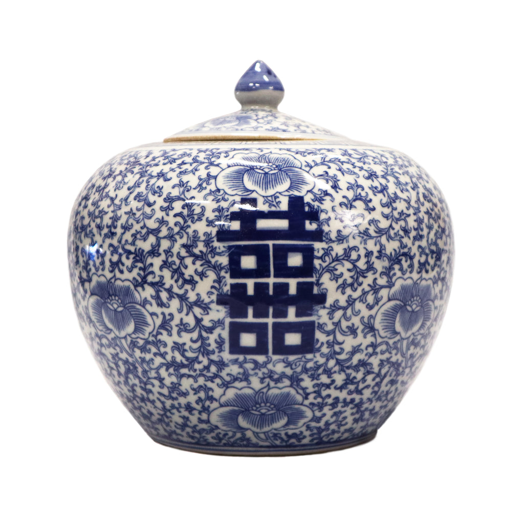 Apple-Shaped Blue on White Double Happiness Jar with Lid