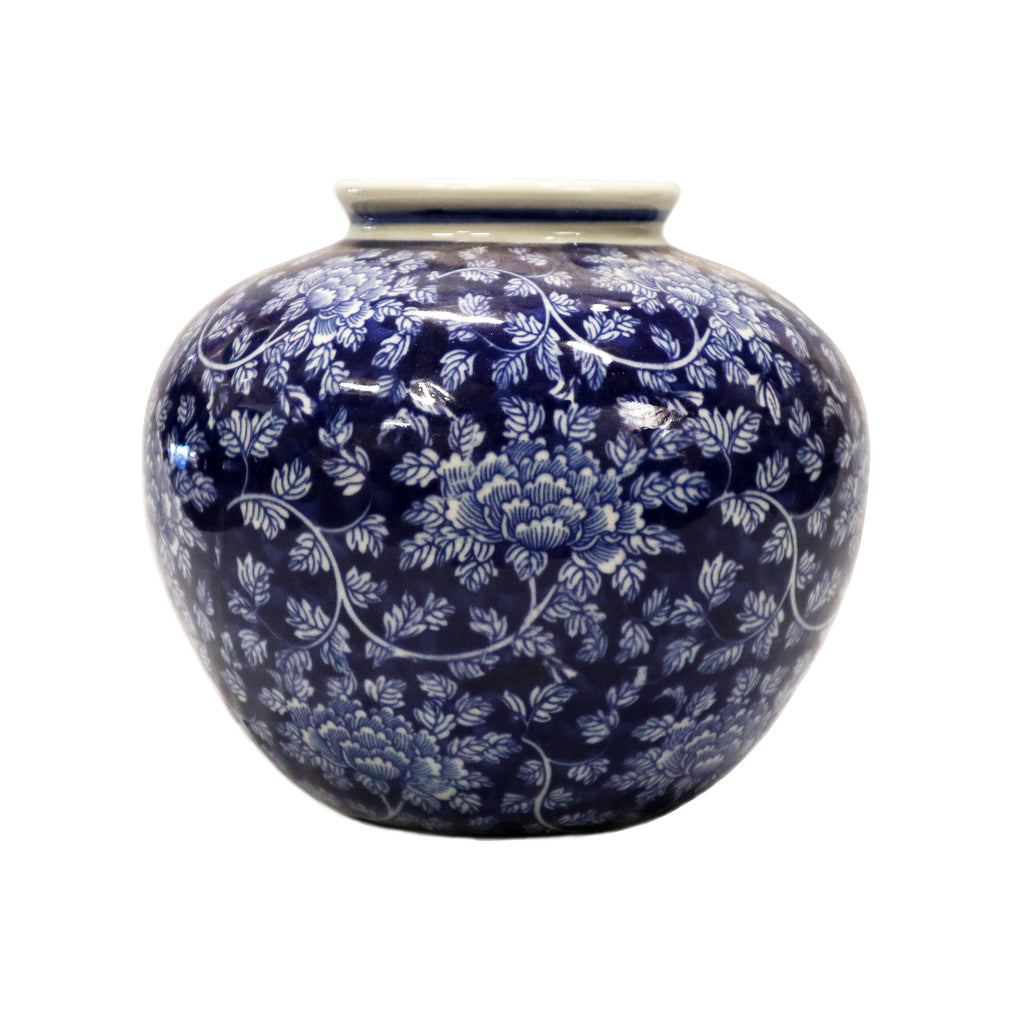Round Dark Blue and White Chrysanthemum Print Vase