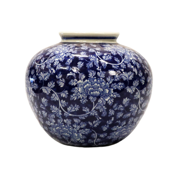 Round Dark Blue and White Chrysanthemum Print Vase