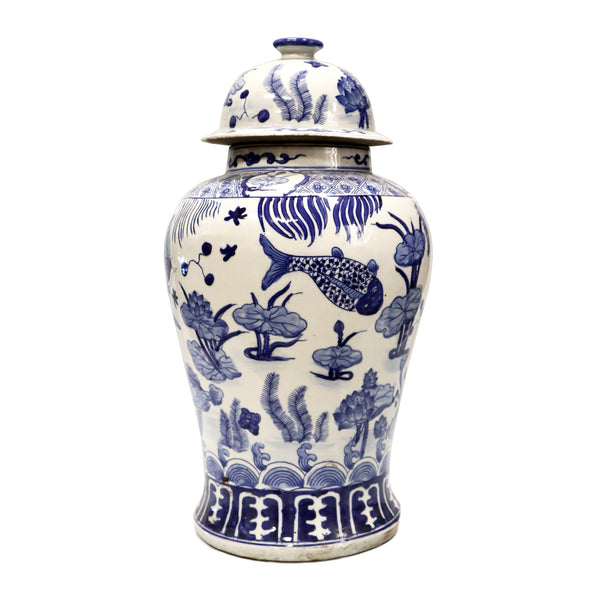 Blue on White Fish Temple Jar with Lid