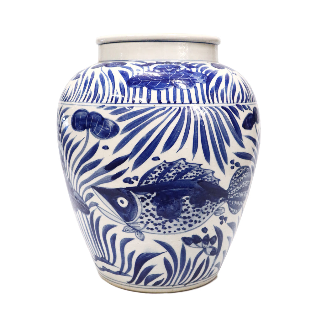 Large Blue on White Fish Vase