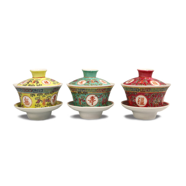 Longevity Tea Bowl Sets in Yellow, Green, and Red