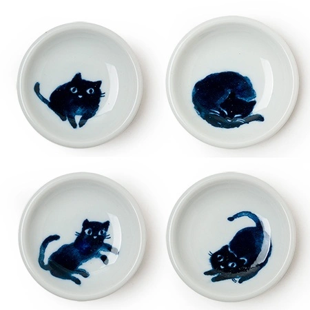 Midnight Blue Cat tea set with playful cats made in Japan available at Miya.