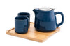 Navy pot and cups on top of wooden tray