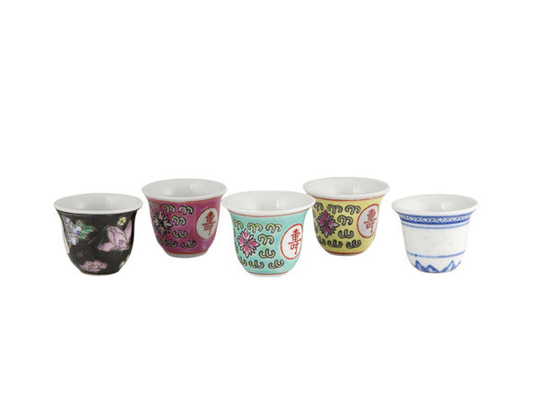 Classic Design - Hand Painted Mini Teacup Collection: Black Floral, Red, Turquoise/Green, Yellow, and Blue on White Rice Pattern