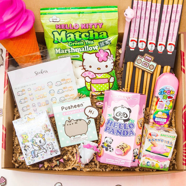 A box full of kawaii items, like a squishy ice cream cone, Hello Kitty marshmallow candy, pink chopsticks, surprise toy boxes, a magnet kit, and more