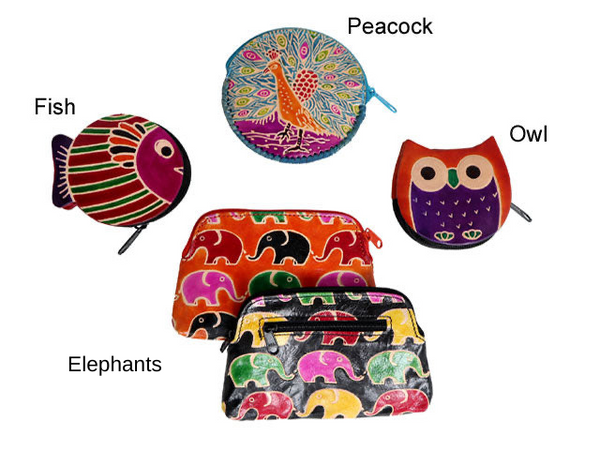 Leather Animal Theme Coin Purse. Fish, Peacock, Elephant and Owl design