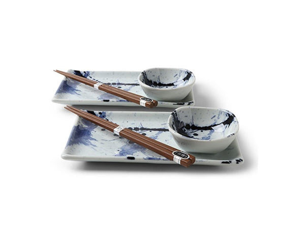 Blue Sumi Sushi Set: Plates: 8.75" x 5" Sauce dishes: 3.75" square x 1.4" Chopsticks: 9"