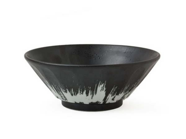 MIY-J3721  Great noodle bowl with a beautiful black and white glaze. Perfect bowl for ramen, noodles, soup, pasta, salads, fruit, etc.  7.75" diameter x 3"h Microwave, dishwasher safe Made in Japan