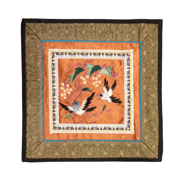 Hand Embroidered Silk Square Placemat - 2 birds with flowers on orange background
