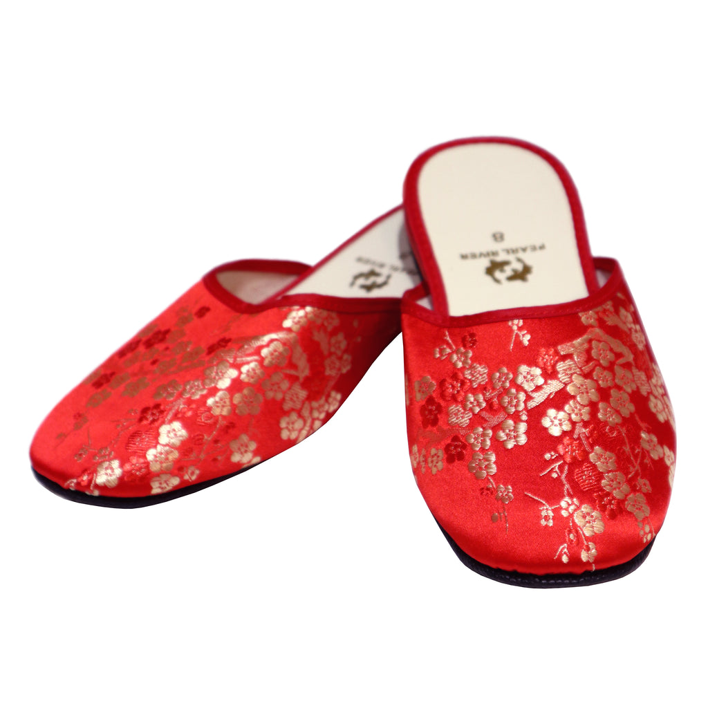 Plum Blossom Brocade Slippers (Red with Gold)