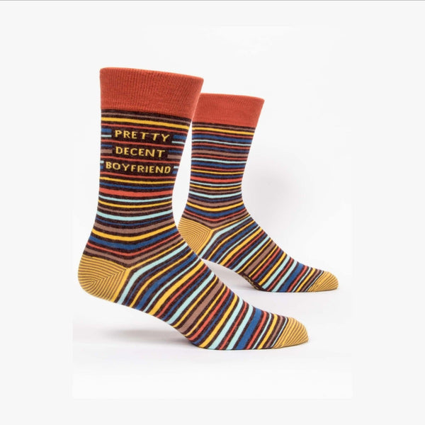 Pretty Decent Boyfriend Novelty Socks: multi-colored, striped socks that read "PRETTY DECENT BOYFRIEND)