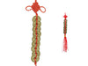 2 coin ornament with red tassel. The one on the left is a zoomed in version of the one on the right. Zoomed in on the coins and knot.