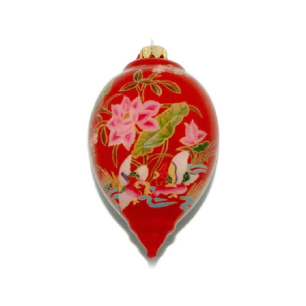 Hand-Painted Glass Ornament, Teardrop, Red With Bouquet
