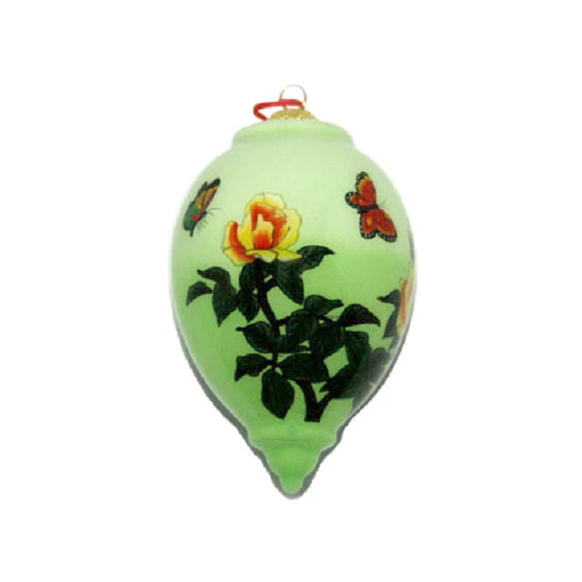 Hand-Painted Glass Teardrop, Green With Butterflies And Peonies