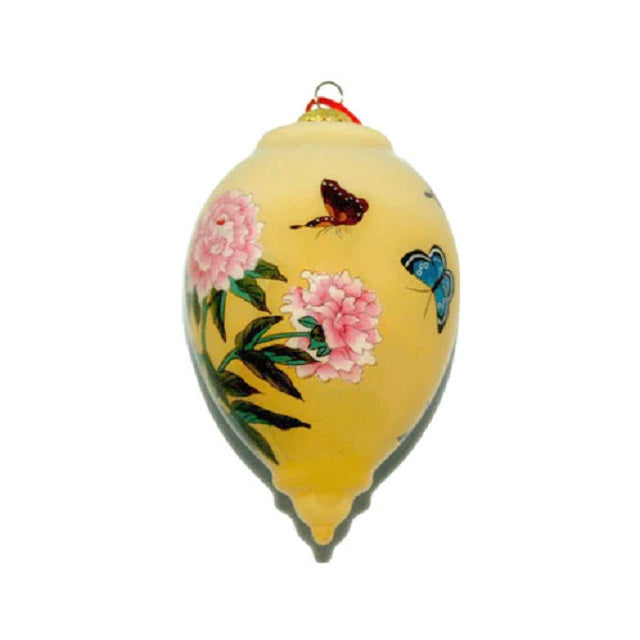 Hand-Painted Glass Teardrop, Yellow With Butterflies & Pink Peonies