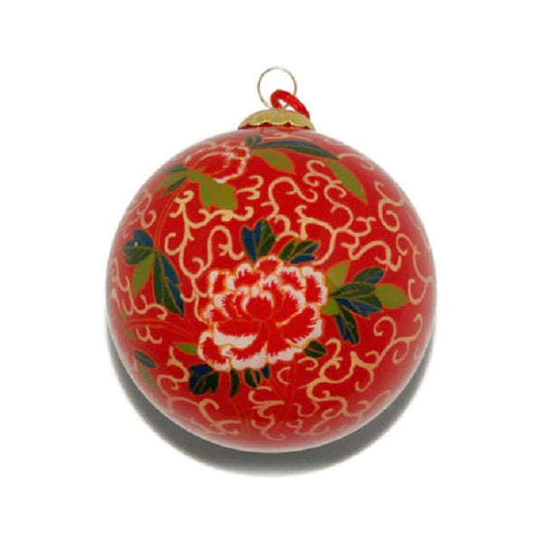 Hand-Painted Glass Ornament, Red Peony