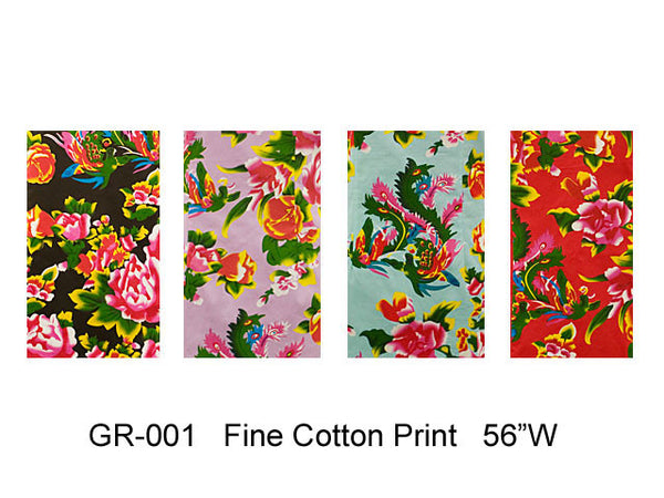 Peony Phoenix Print Cotton Fabric 56"W in 4 colors. From left to right: black, lilac, light blue, and red