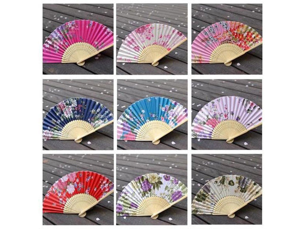 Nine Printed folding fan, each in a different color