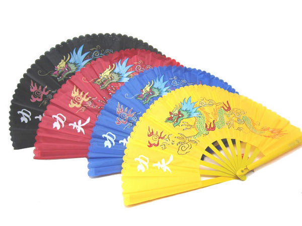 Four dragon designed nylon fabric fans. From the left to right the colors are: black, red, blue, and yellow