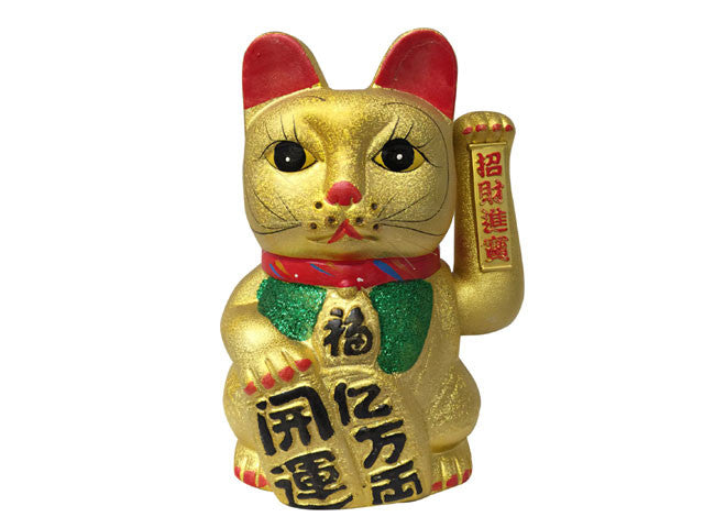 Ceramic Hand Motioned Gold Lucky Cat (Maneki-Neko Welcoming Cat)