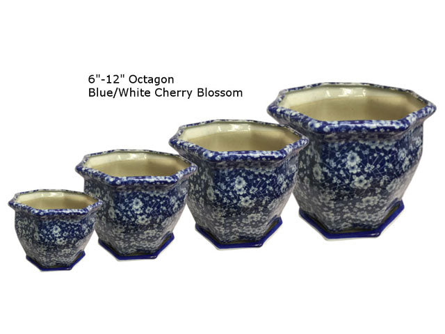 Blue Blossom Ceramic Flower Pot with Tray (Octagon)
