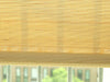 chain pulling bamboo blinds covering a portion of the window, resulting in parts of trees and buildings being visible