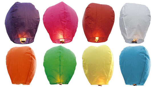 Eight beautiful lanterns in purple, pink, red, white, orange, green, yellow, and blue