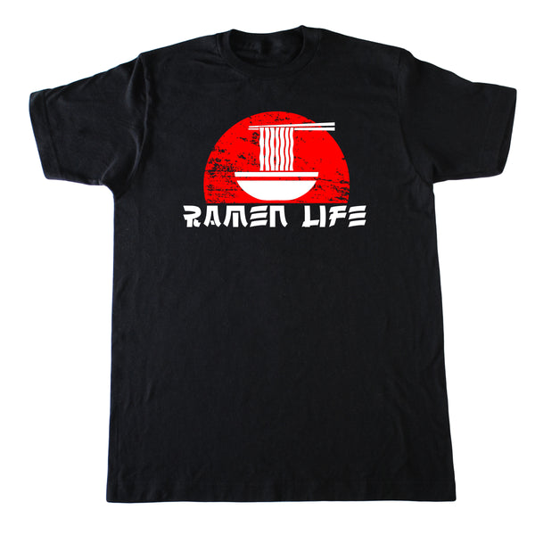 Black T-shirt for adults with red and white bowl design and words, Ramen Life
