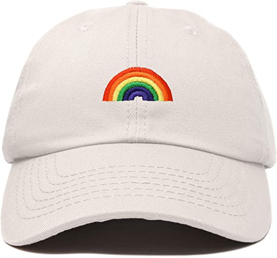 White baseball cap with rainbow arch emblem on the tront.