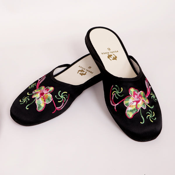 Satin slipper with embroidered orchid print on black