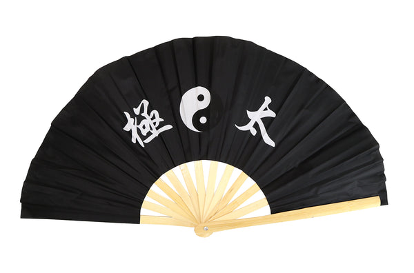 Black tai chi fan with yin yang symbol and Chinese characters on bamboo handle