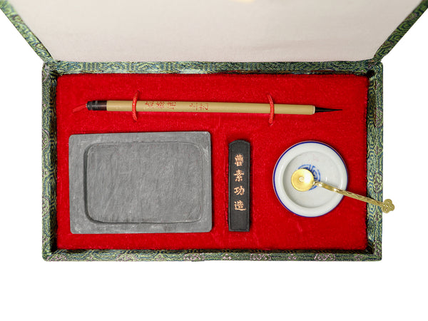 Calligraphy set with brush, ink stone, chop, dish, spoon