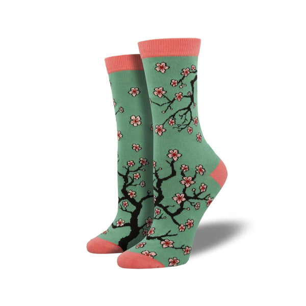 Cherry Blossoms Novelty Socks: Pink elastic band on a light mint green sock with pink cherry blossoms on brown branches