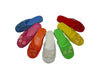 Mesh slippers. Each slipper in a different color: blue, pink, orange, white, green, yellow, and red