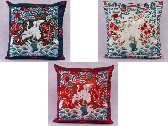 Silk Rayon Embroidered Crane Throw Pillow  - Pillow Case (Upon Request)