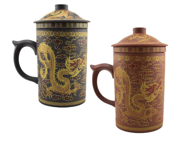 Two gold dragon designed terra cotta mug with infusers. The one on the left having a blue background, the one on the right a red background