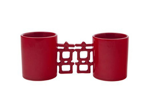 Understated pair of red mugs with double happiness handles