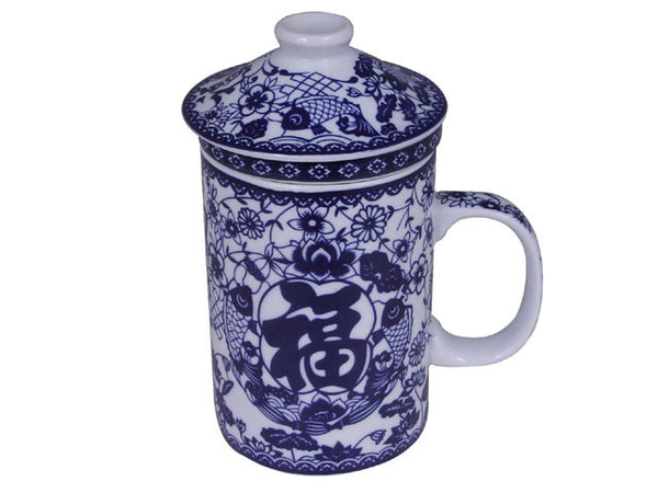 Cobalt blue on white mug, with a good fortune character surrounded by floral, vine and fish pattern