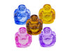 Five crystal buddhas. One in blue, amber, yellow, pink and purple