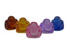 Five 1.5" crystal buddhas. All lined up and in a different color: Red, amber, pink, purple, and blue