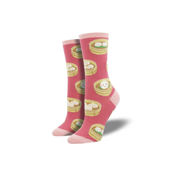Cute as a Dumpling Novelty Socks: Small white dumplings in bamboo steamers on a pink sock