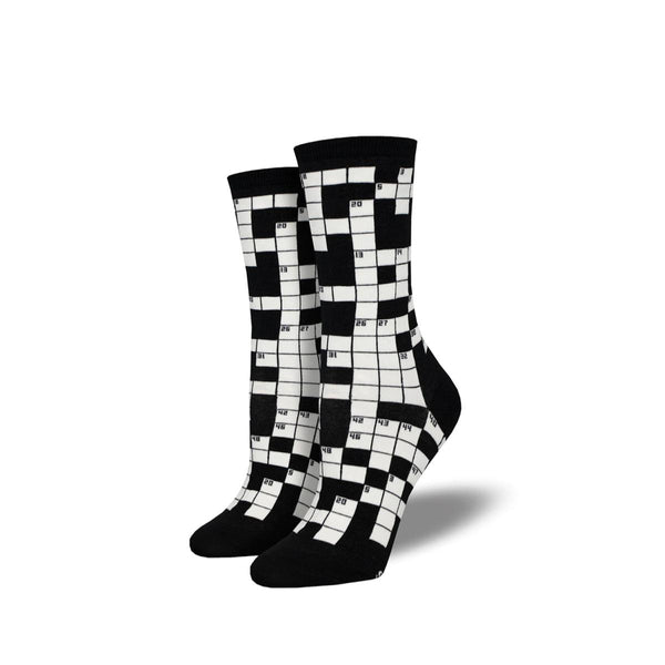 Black and white socks with a crossword puzzle pattern