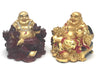 Two Laughing buddha on dragon rest chair. One gold, the other mahogany red and gold